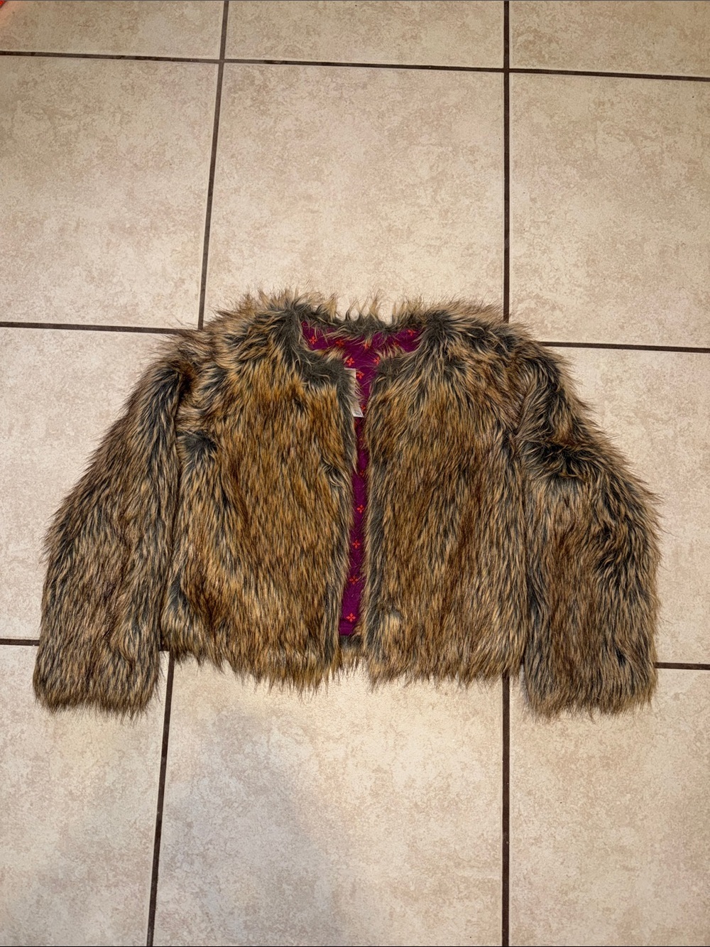 Cherokee Brown Faux Fur Puffer Jacket with Burgundy Lining
